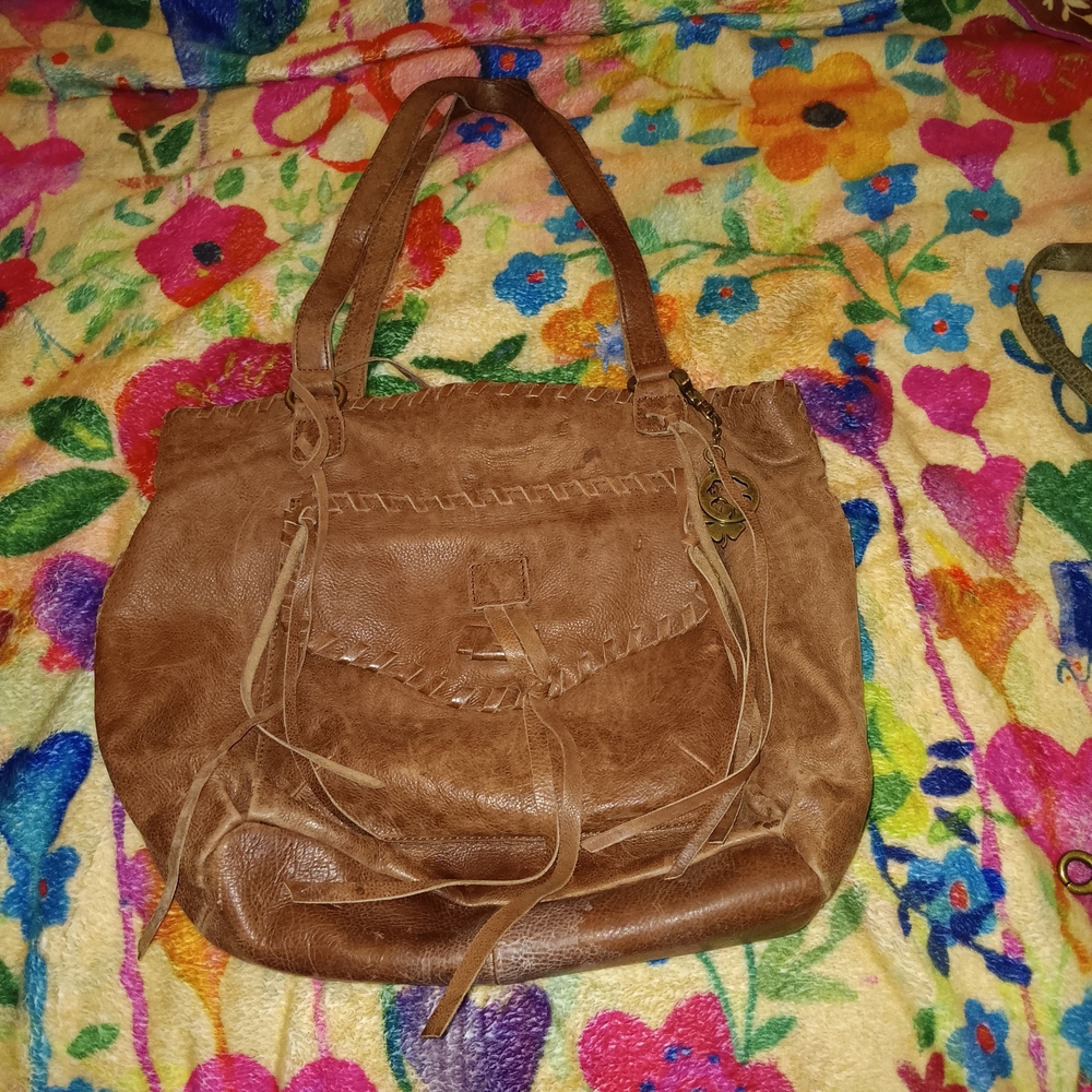 Lucky Brand Brown Leather Shoulder Tote with Tassel Detail
